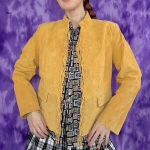 Yellow suede fringe jacket with a western boho vibe